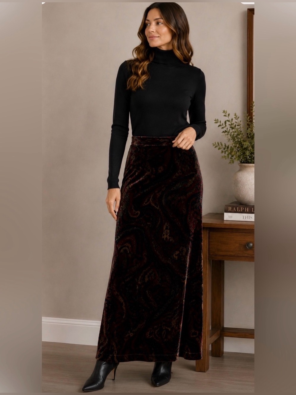Vintage Lauren Ralph Lauren Velvet Maxi/Midi Skirt Deep Burgundy Paisley Print